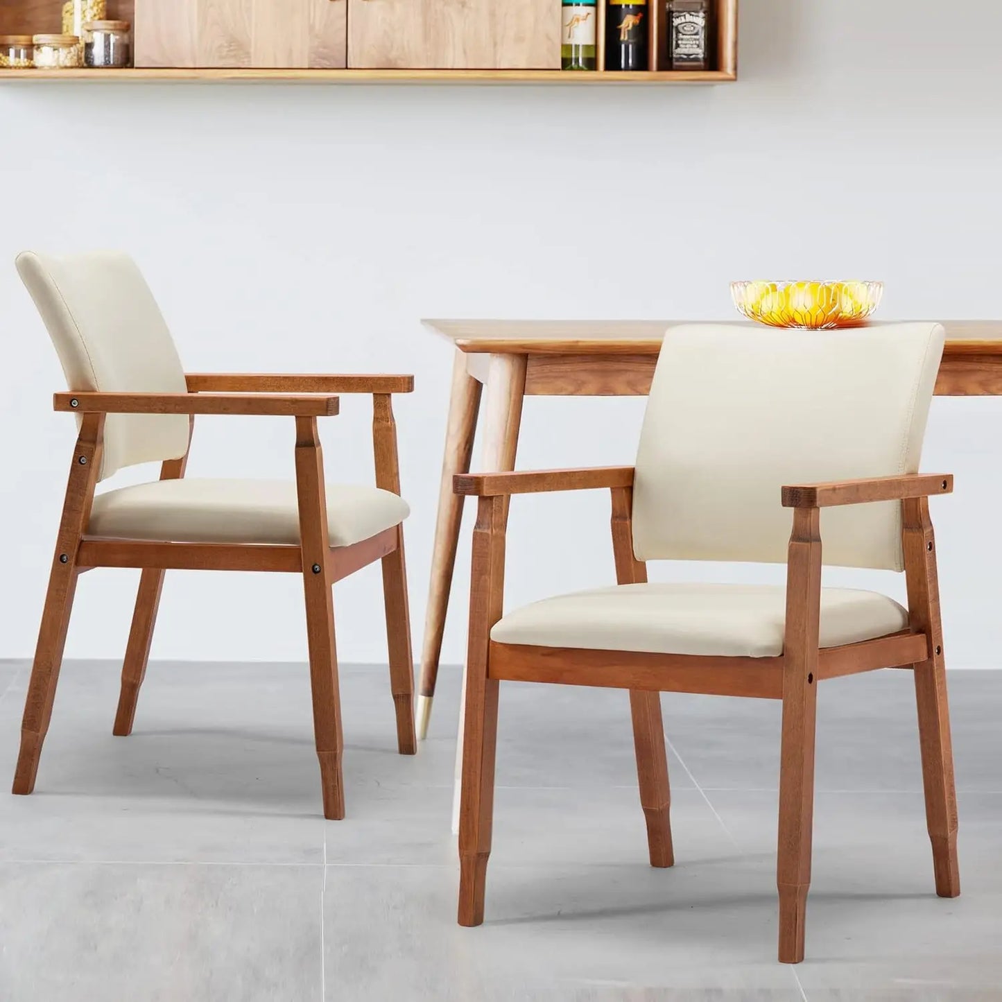 Set of 2 Mid Century Modern Walnut Dining Chairs Wood Arm Grey Fabric Kitchen Cafe Living Room Decor Furniture