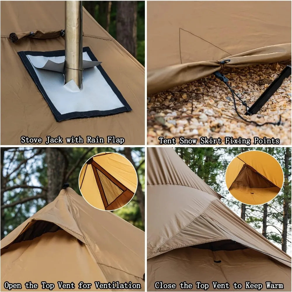 Camping Hot Tent 4-8 Person Tipi Tent with Stove Jack for Bushcraft, Cooking and Heating