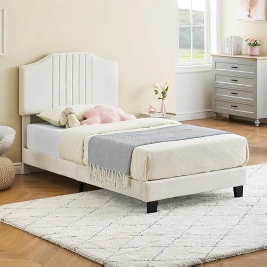 Twin Size Bed Frame - Velvet Upholstered Platform Bed Frame with Headboard for Girl Strong Wooden Slats Support, No Box Spring