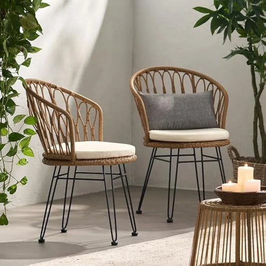 Outdoor Dining Chairs Set of 2, Wicker Outdoor Dining Chair with Cushion, Boho Industrial Style Rattan Dining Chairs, Patio Loun