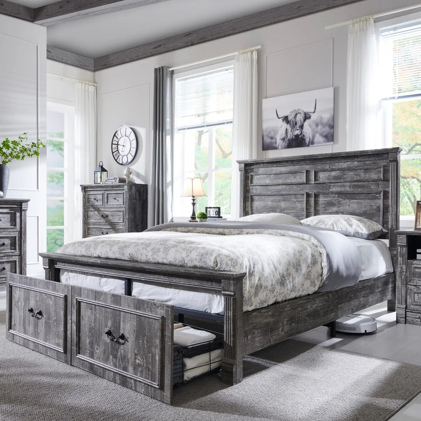 Farmhouse Queen Size Bed Frame, with 51" Tall Headboard, Wood Bed Frame with 20" Tall Footboard & 2 Large Storage Drawers
