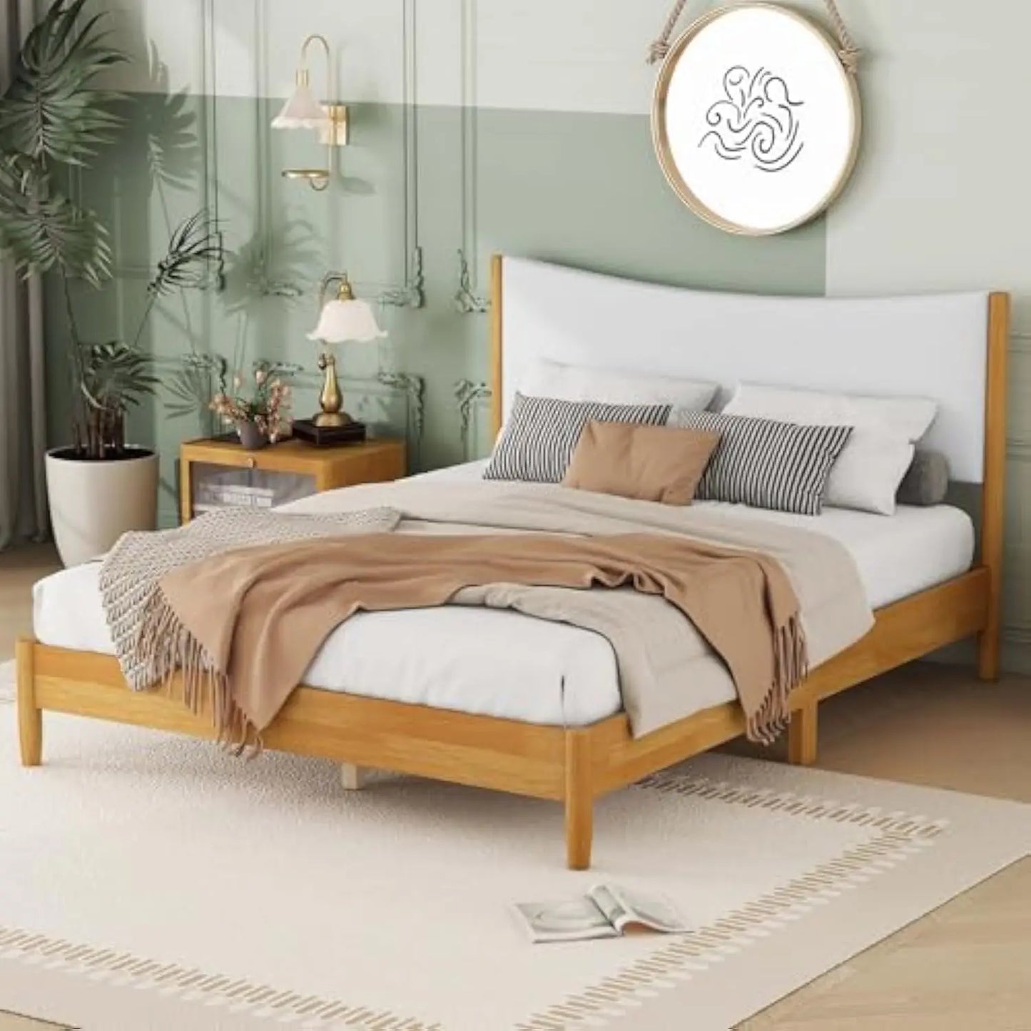 Wooden Platform Bed Frame Queen Size with Upholstered Headboard,Mid Century Modern Bed Frame Queen&Solid Wood Bed Frame with Wo