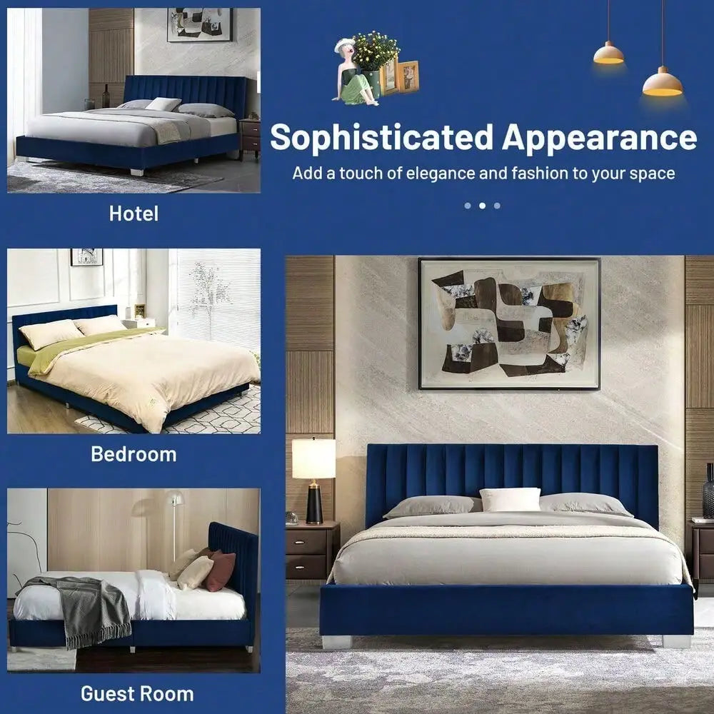 Full Tufted Upholstered Platform Bed Frame Flannel Headboard Navy Blue