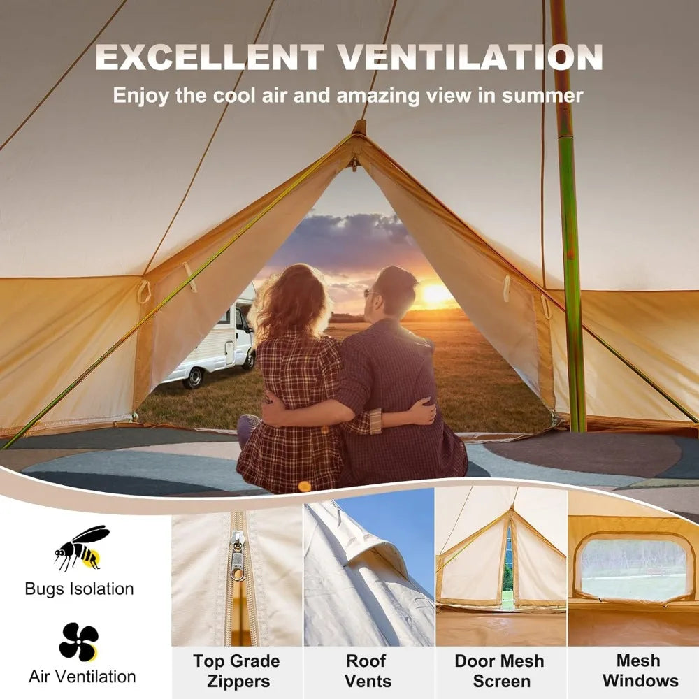 Canvas Bell Tent, 4 Seasons Breathable 100% Cotton Yurt Tent - w/Stove Jack, Luxury Tent Waterproof Canvas Party Canopy