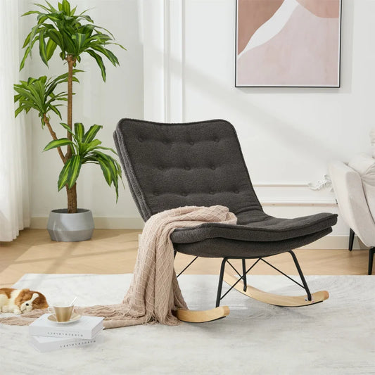 Lazy Rocking Chair Comfortable Lounge With Wide Backrest Seat Wood Base Upholstered Armless Rocker Chair For Living Room (Grey)