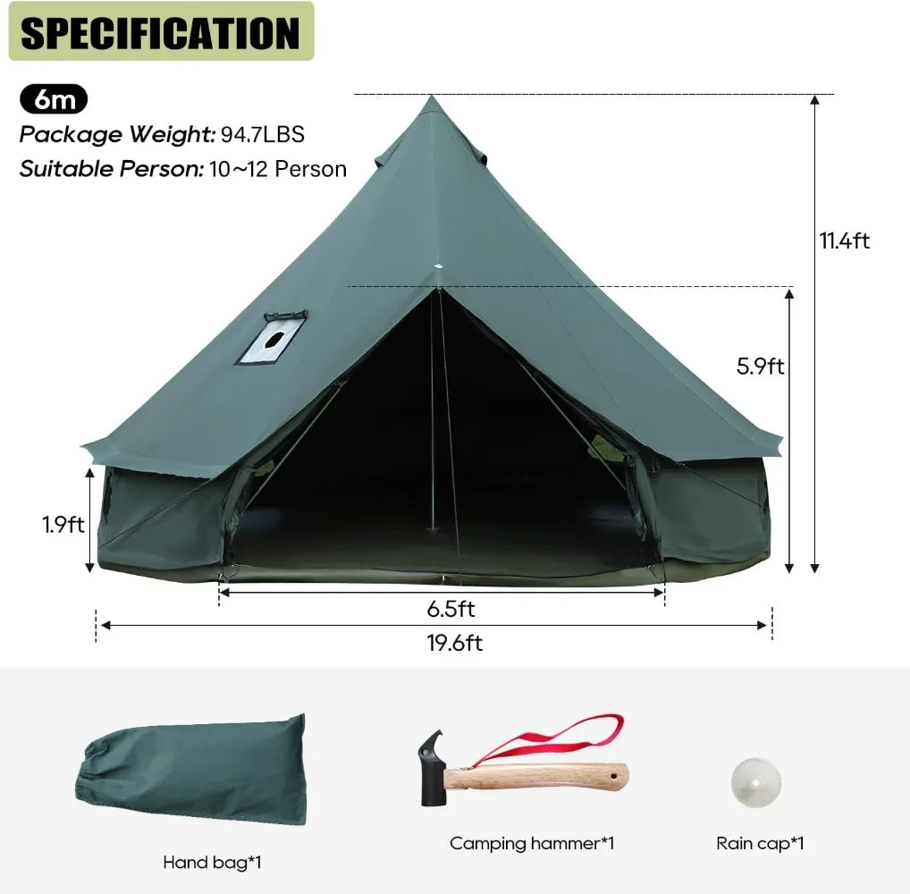 Bell Tent for Camping, Luxury Cotton Tent, Yurt Canvas Tent with Stove Jack, Outdoor Canvas Bell Tent for 4/6/8 Person Family