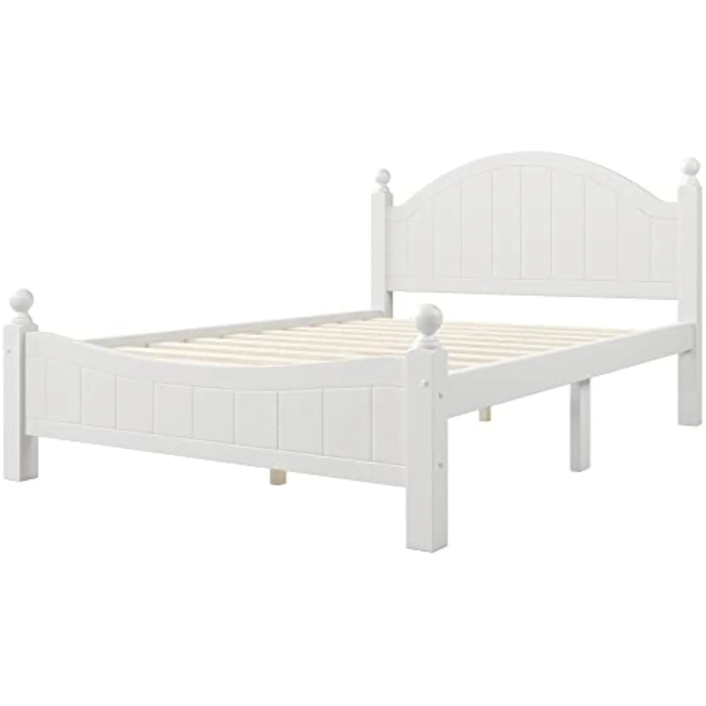 Solid Wood Platform Bed with Pine Headboard, White Traditional Concise Style Full Bed Frame with Slats Support for Bedroom, Gue
