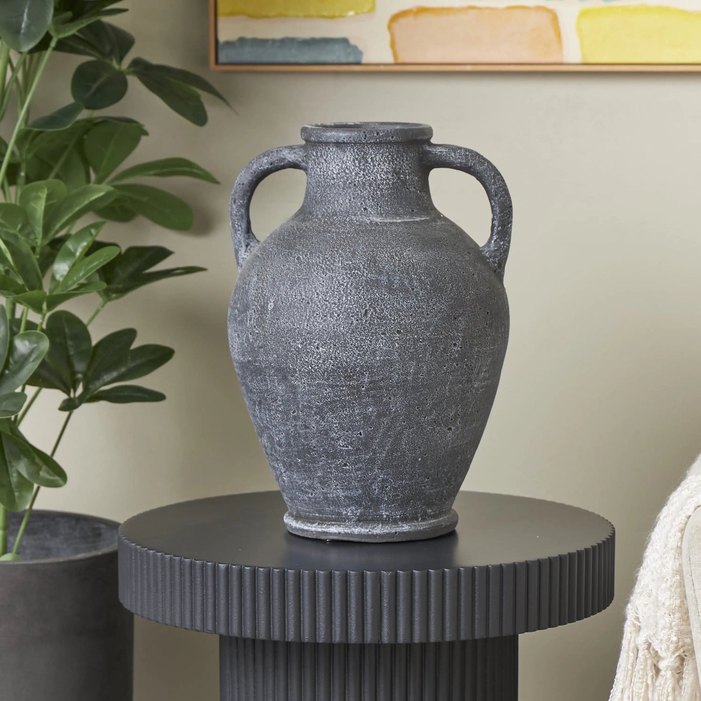 16 Whitewashed Textured Amphora Black Ceramic Vase with 2 Handles