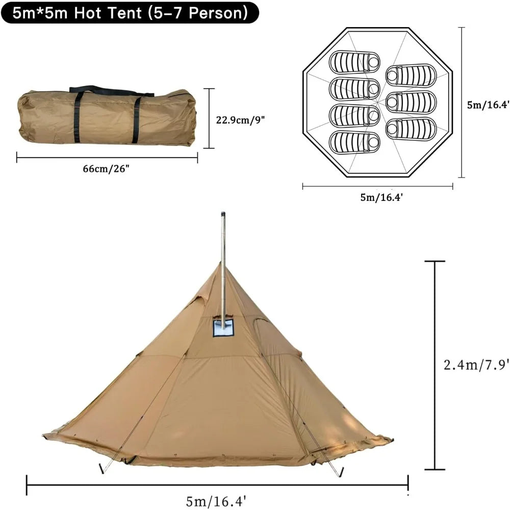 Camping Hot Tent 4-8 Person Tipi Tent with Stove Jack for Bushcraft, Cooking and Heating