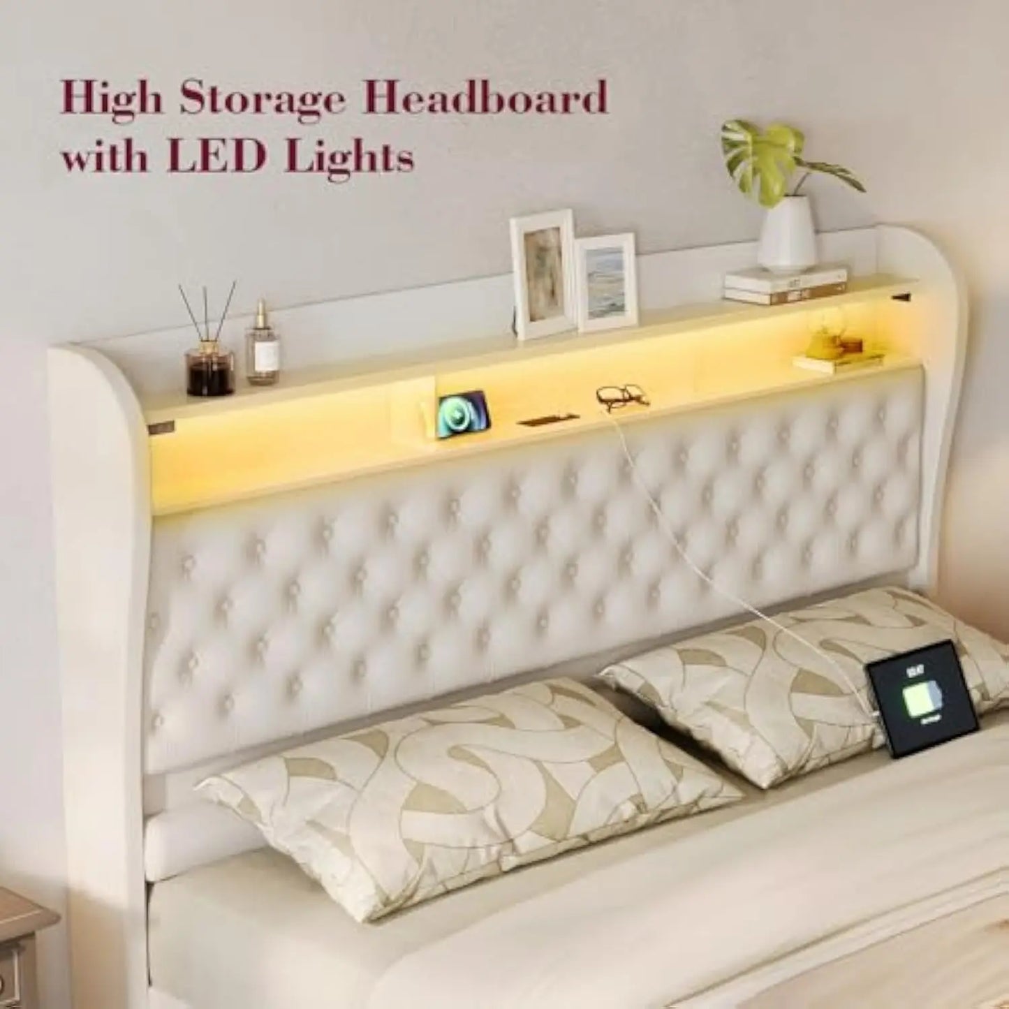 Twin Bed Frame with Storage, Velvet Upholstered Bed with Charging Station and LED Light, Deep Button Tufted Wingback Headboard,