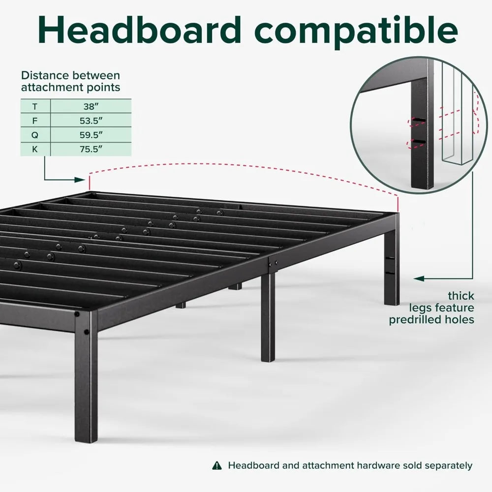 14 Inch Metal Platform Bed Frame, Steel Support, No Box Spring Needed, Easy Assembly, Queen