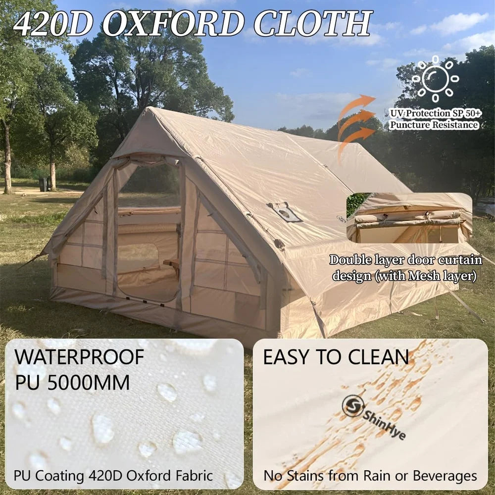 Inflatable Tent Camping 4-8 Person Large Air Tent Quick Setup Waterproof Glamping 4 Season Outdoor Oxford with Pump Windproof