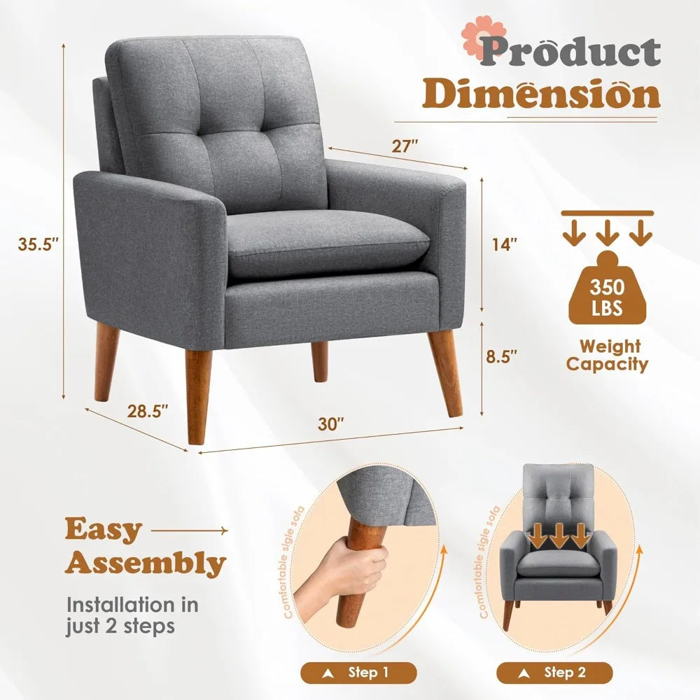 Mid Century Accent Chair, Fabric Modern Reading Living Room Chair, Fluffy Comfy Armchair Small Sofa Chair with Wood Legs for Be