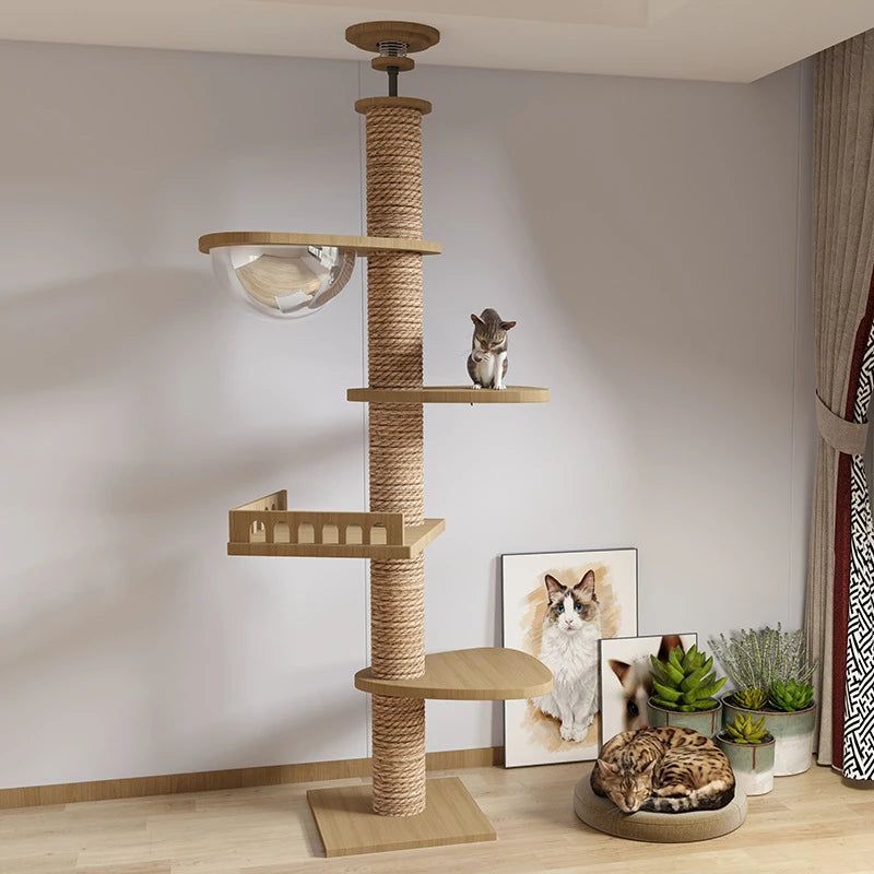 Adjustable Cat Tree House Tower Pet Condo Wooden House Multifunction Tower Soft Flannel Hammock Bed Cat Tree Floor To Ceiling