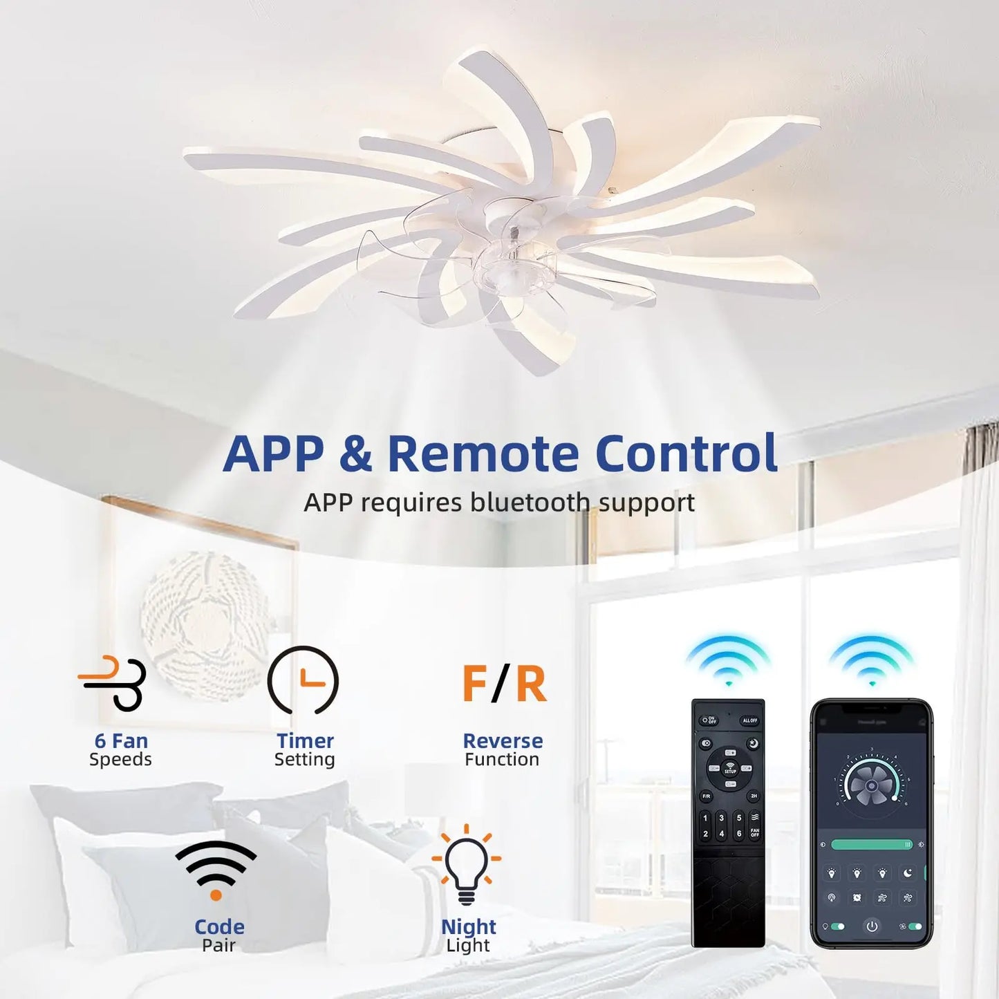 Ceiling fan with light, modern dimmable flower shaped ceiling fan, with remote control/app control, timed fan ceiling light