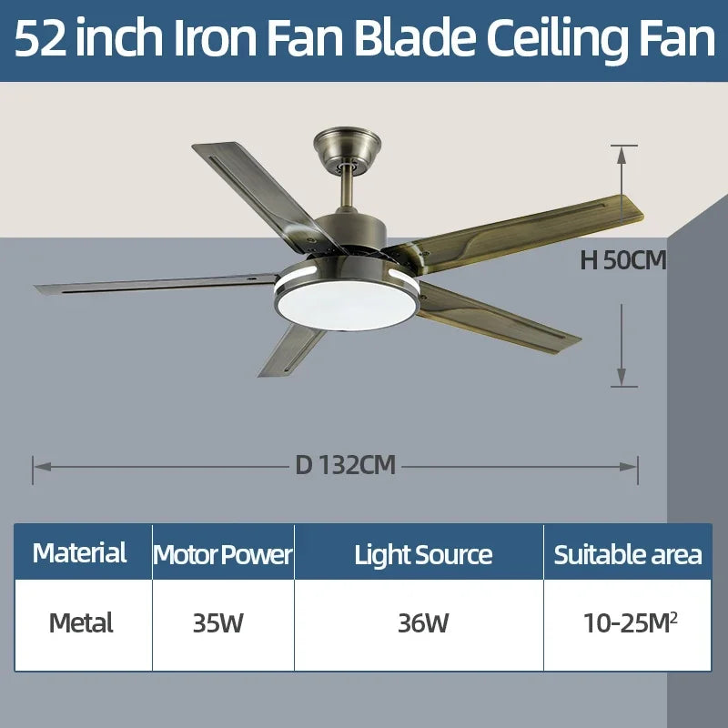 52 inch living room ceiling fan lamp DC motor reversible blade remote control modern home appliances room bedroom ventilation