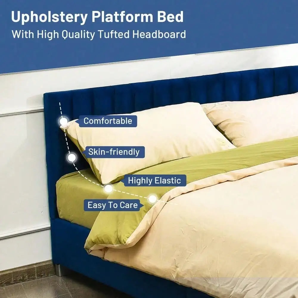 Full Tufted Upholstered Platform Bed Frame Flannel Headboard Navy Blue
