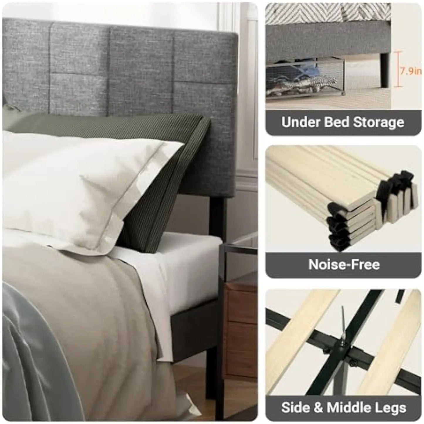 Gray Low Profile Upholstered Platform Bed Frame (Queen) - Bed Frame Queen Size with Headboard, Camas Queen