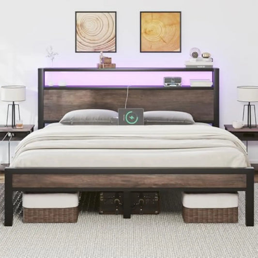 Full Size Bed Frame with 2-Tier Storage Headboard, Industrial Metal Platform Bed with LED Lights and Charging Station, Noise Fr
