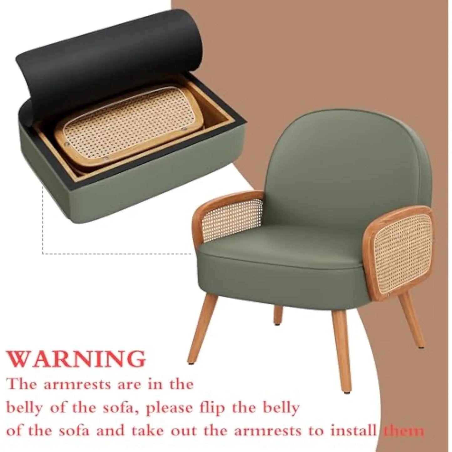 Mid Century Modern Accent Chair Armchair with Rattan Arms Upholstered Rattan Boho Accent Chair for Living Room Bedroom Balcony