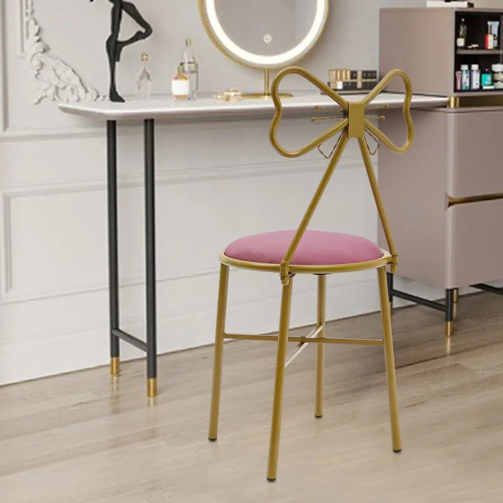 Vanity Stool Chair Makeup Modern Velvet Butterfly Accent Chair Pink Cute Girls Bow Knot Backrest Chair Bedroom Home Decor