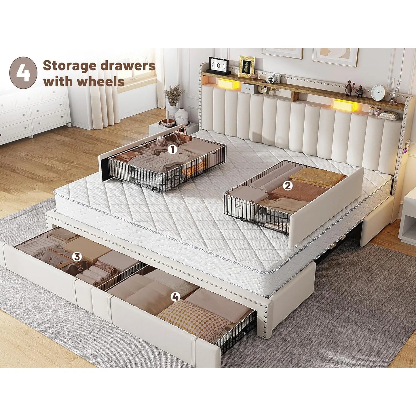 King Size Bed Frame with 4 Storage Drawers, Upholstered King Bed Frame and headboard with 2-Tier Shelves,Beige