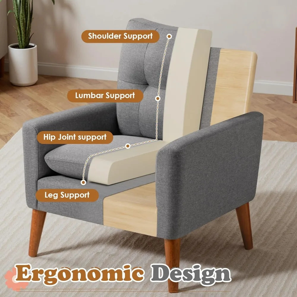 Mid Century Accent Chair, Fabric Modern Reading Living Room Chair, Fluffy Comfy Armchair Small Sofa Chair with Wood Legs for Be