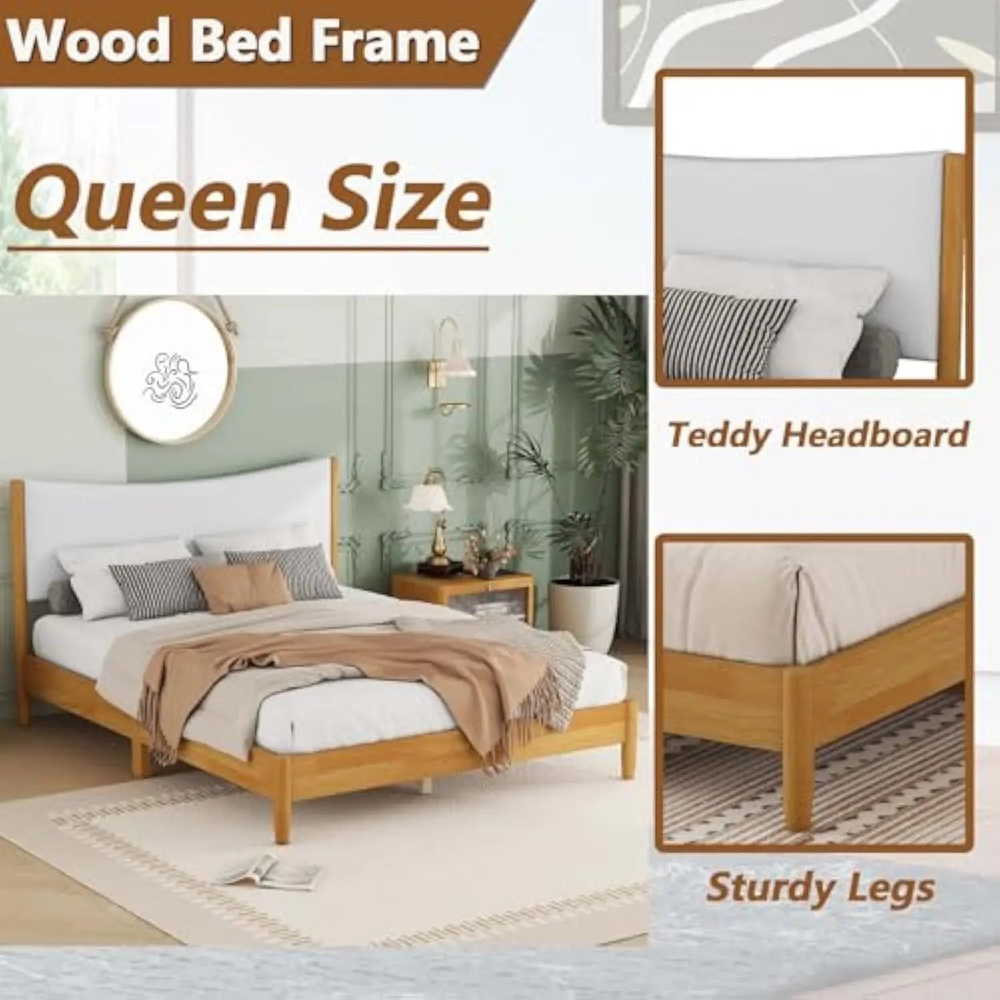 Wooden Platform Bed Frame Queen Size with Upholstered Headboard,Mid Century Modern Bed Frame Queen&Solid Wood Bed Frame with Wo