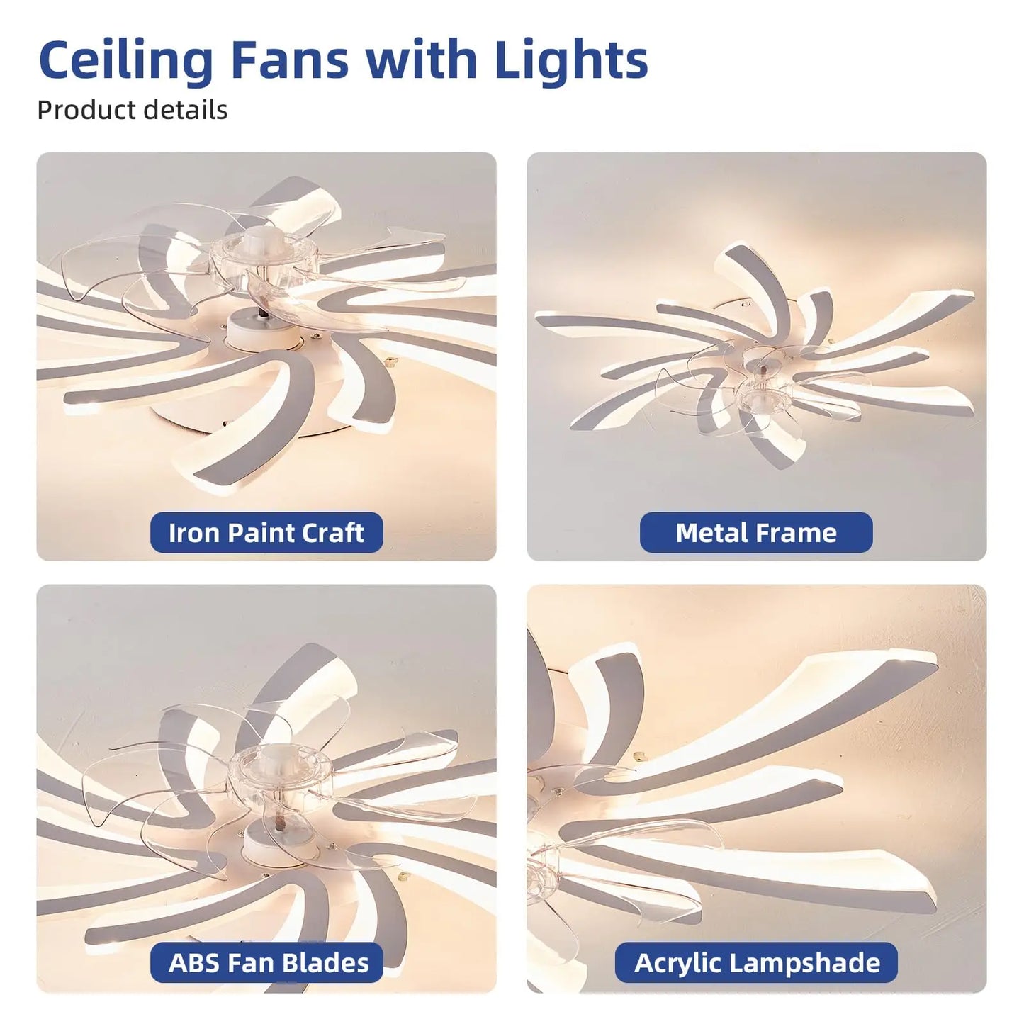 Ceiling fan with light, modern dimmable flower shaped ceiling fan, with remote control/app control, timed fan ceiling light