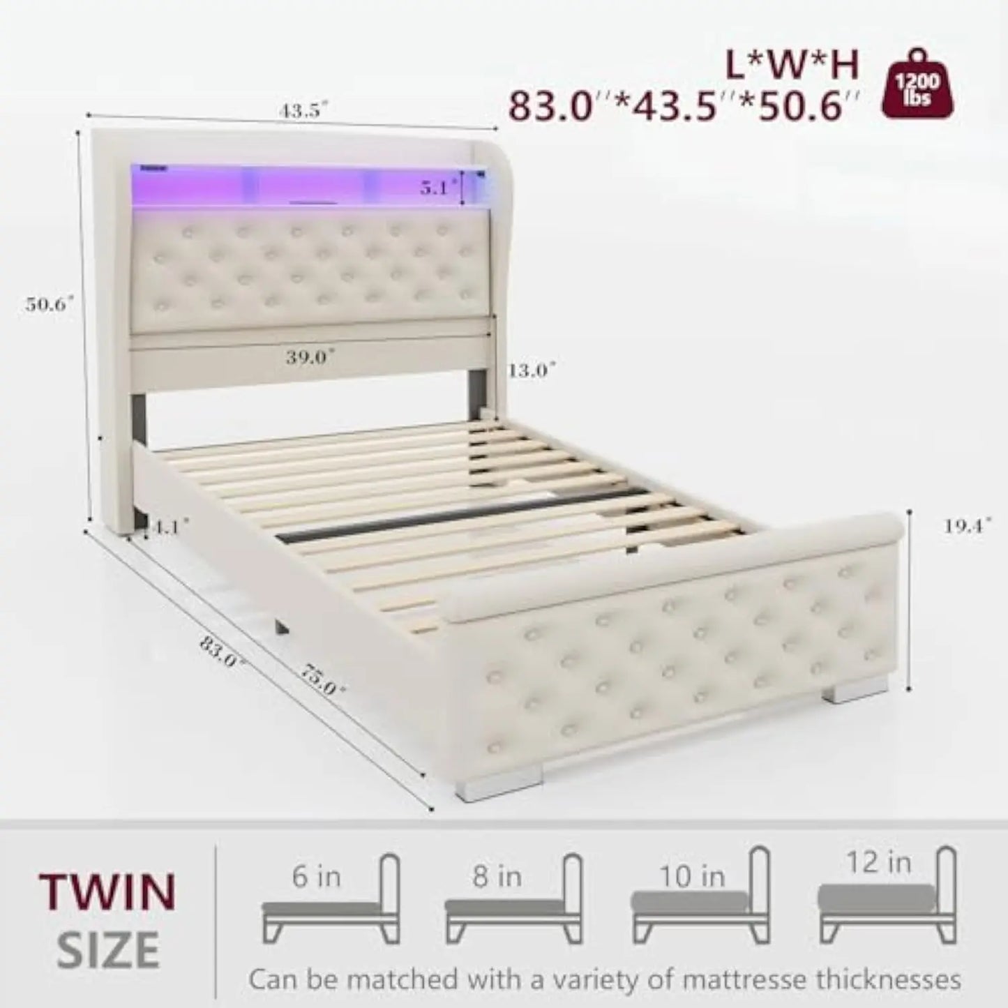 Twin Bed Frame with Storage, Velvet Upholstered Bed with Charging Station and LED Light, Deep Button Tufted Wingback Headboard,