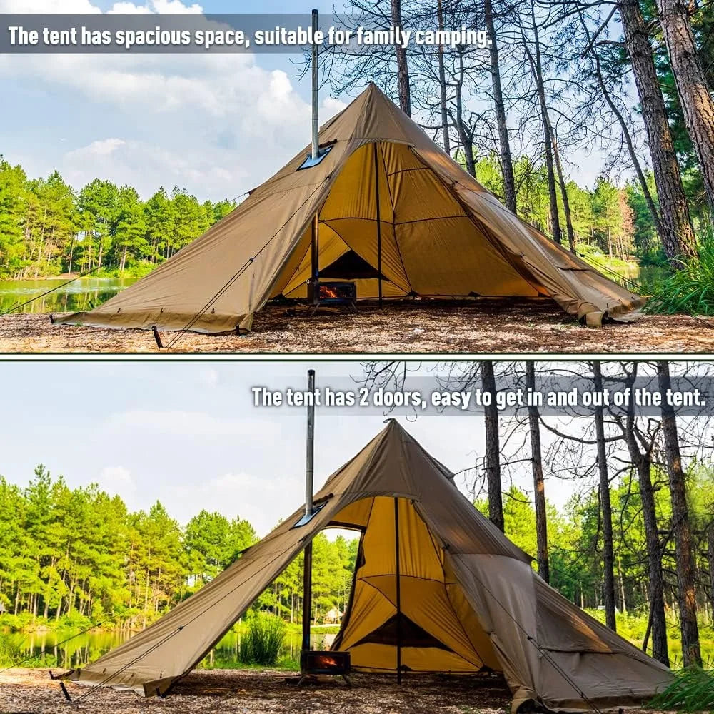 Camping Hot Tent 4-8 Person Tipi Tent with Stove Jack for Bushcraft, Cooking and Heating