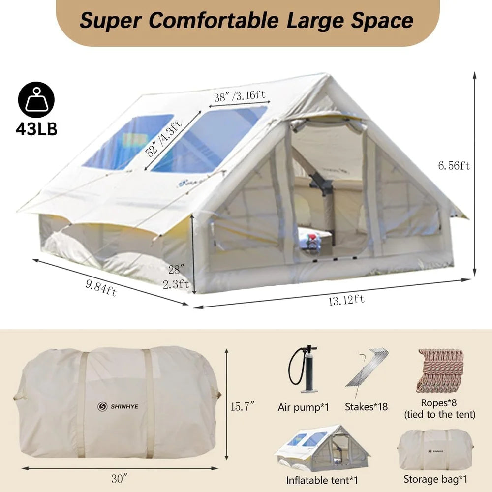 Inflatable Tent Camping 4-8 Person Large Air Tent Quick Setup Waterproof Glamping 4 Season Outdoor Oxford with Pump Windproof