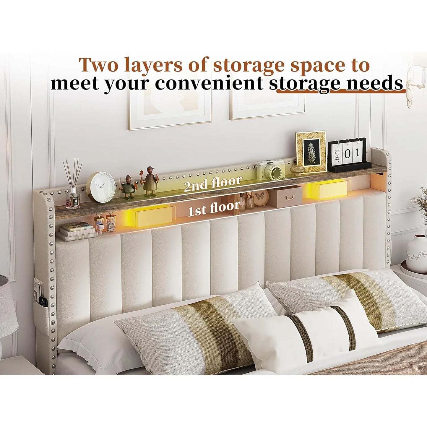 King Size Bed Frame with 4 Storage Drawers, Upholstered King Bed Frame and headboard with 2-Tier Shelves,Beige