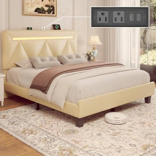 Queen Size Bed Frame, Faux Leather Upholstered Bed Frame with Adjustable Headboard, Charging Station and LED Lights, Solid Wood