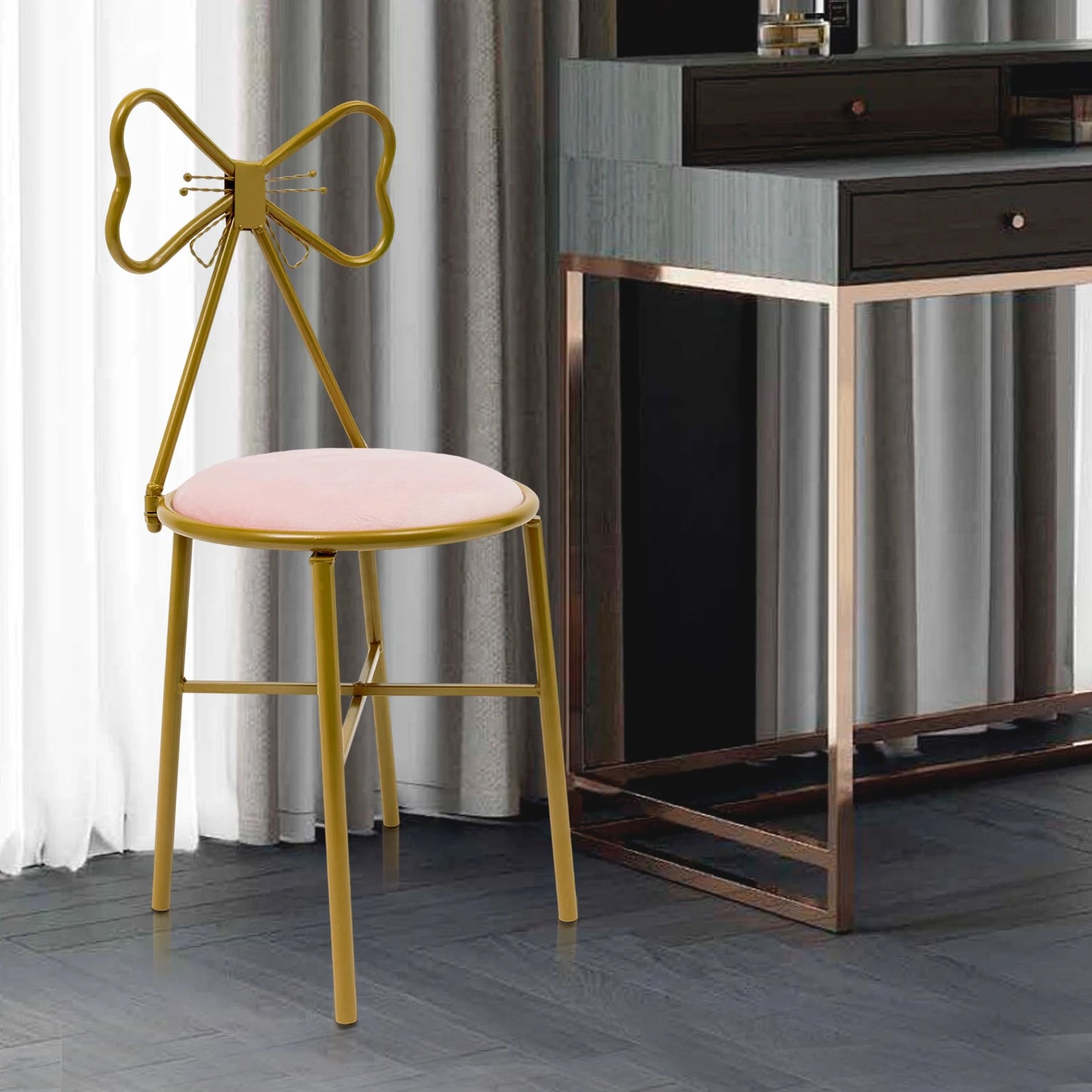 Vanity Stool Chair Makeup Modern Velvet Butterfly Accent Chair Pink Cute Girls Bow Knot Backrest Chair Bedroom Home Decor