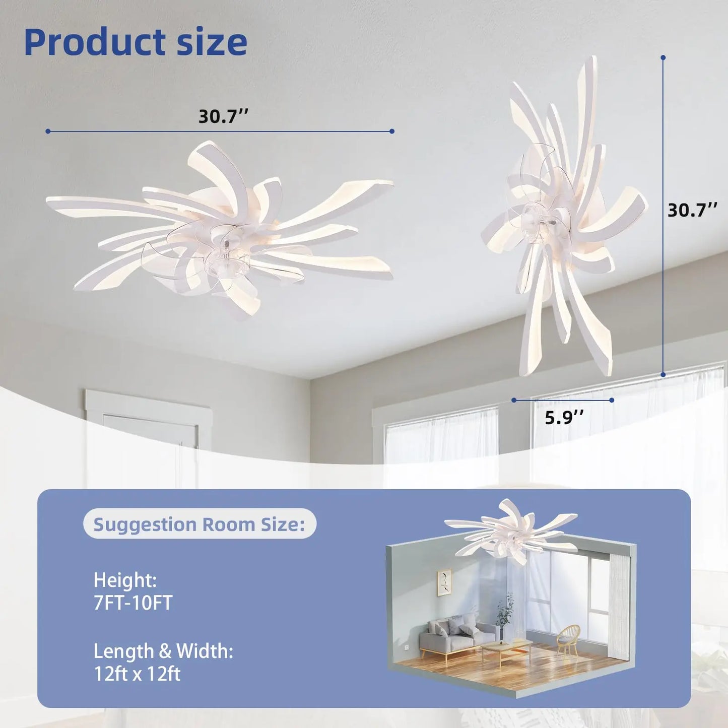 Ceiling fan with light, modern dimmable flower shaped ceiling fan, with remote control/app control, timed fan ceiling light