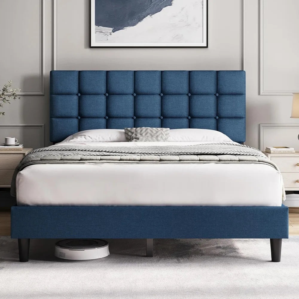 Bed Frame, Modern Full Bed Platform with Square Stitched&Button Tufting Headboard Height Adjustable, Full Size, Dark Gray