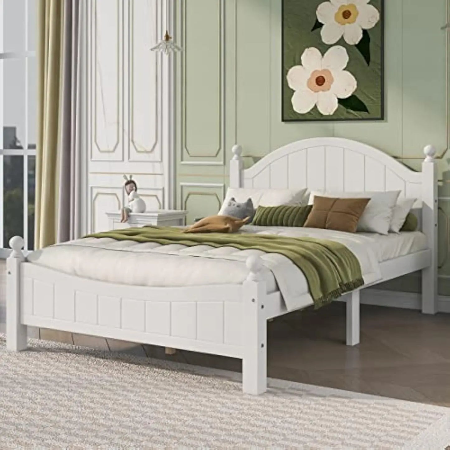 Solid Wood Platform Bed with Pine Headboard, White Traditional Concise Style Full Bed Frame with Slats Support for Bedroom, Gue