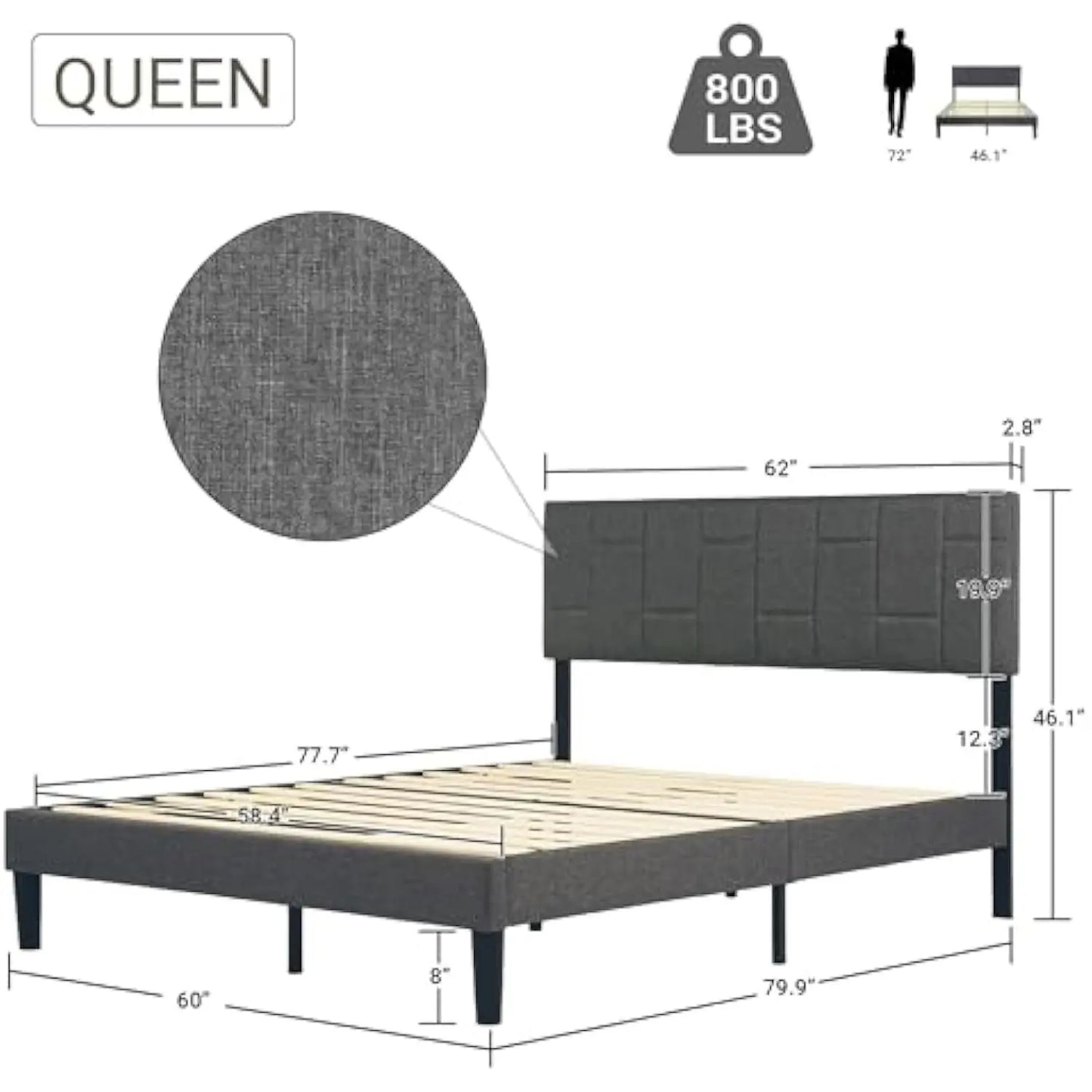 Gray Low Profile Upholstered Platform Bed Frame (Queen) - Bed Frame Queen Size with Headboard, Camas Queen