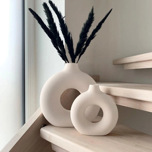 Ceramic Vases for Home Decor, Set of 2 Donut Vases, Modern Vase, White Vases, Farmhouse Vase, Decorative Vase