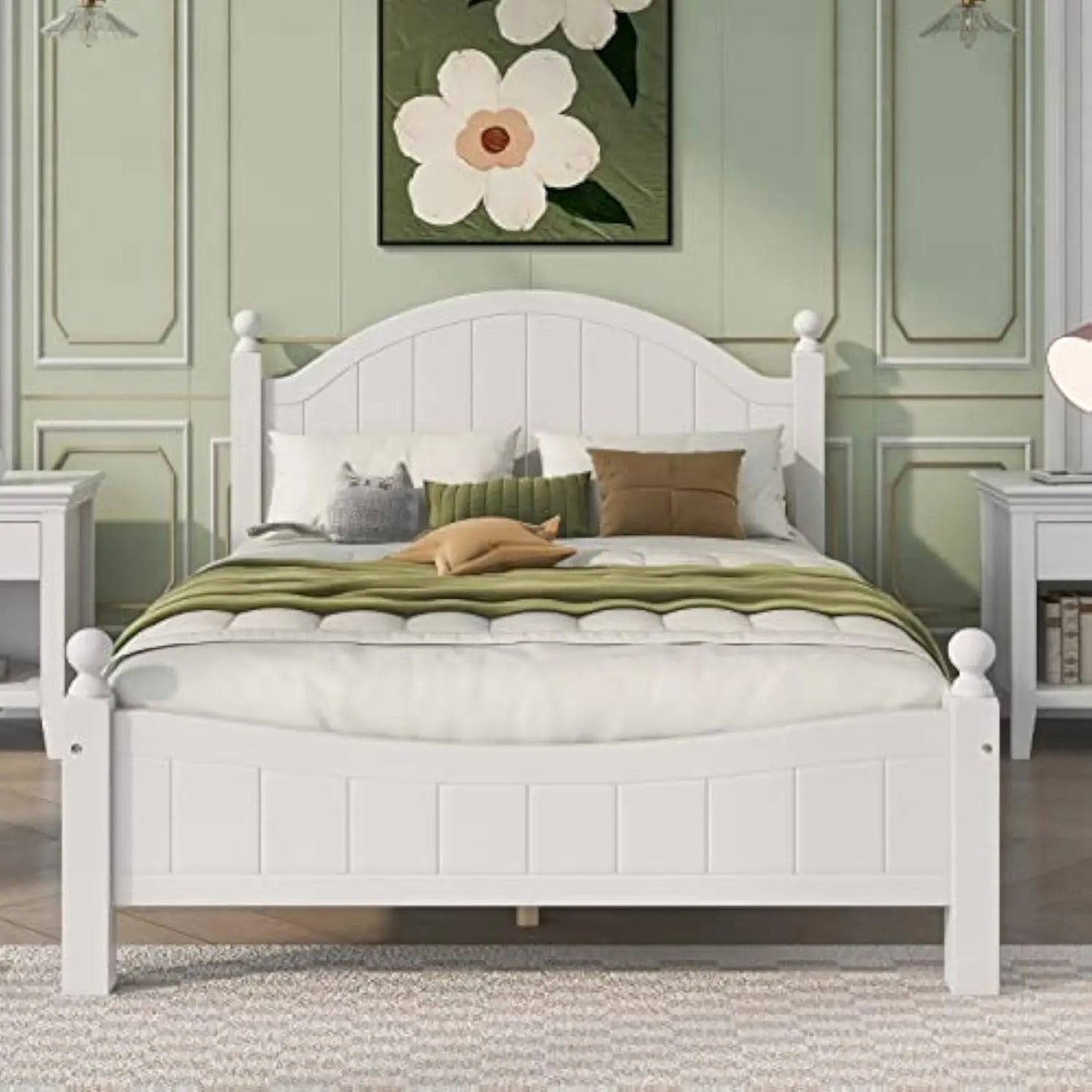 Solid Wood Platform Bed with Pine Headboard, White Traditional Concise Style Full Bed Frame with Slats Support for Bedroom, Gue