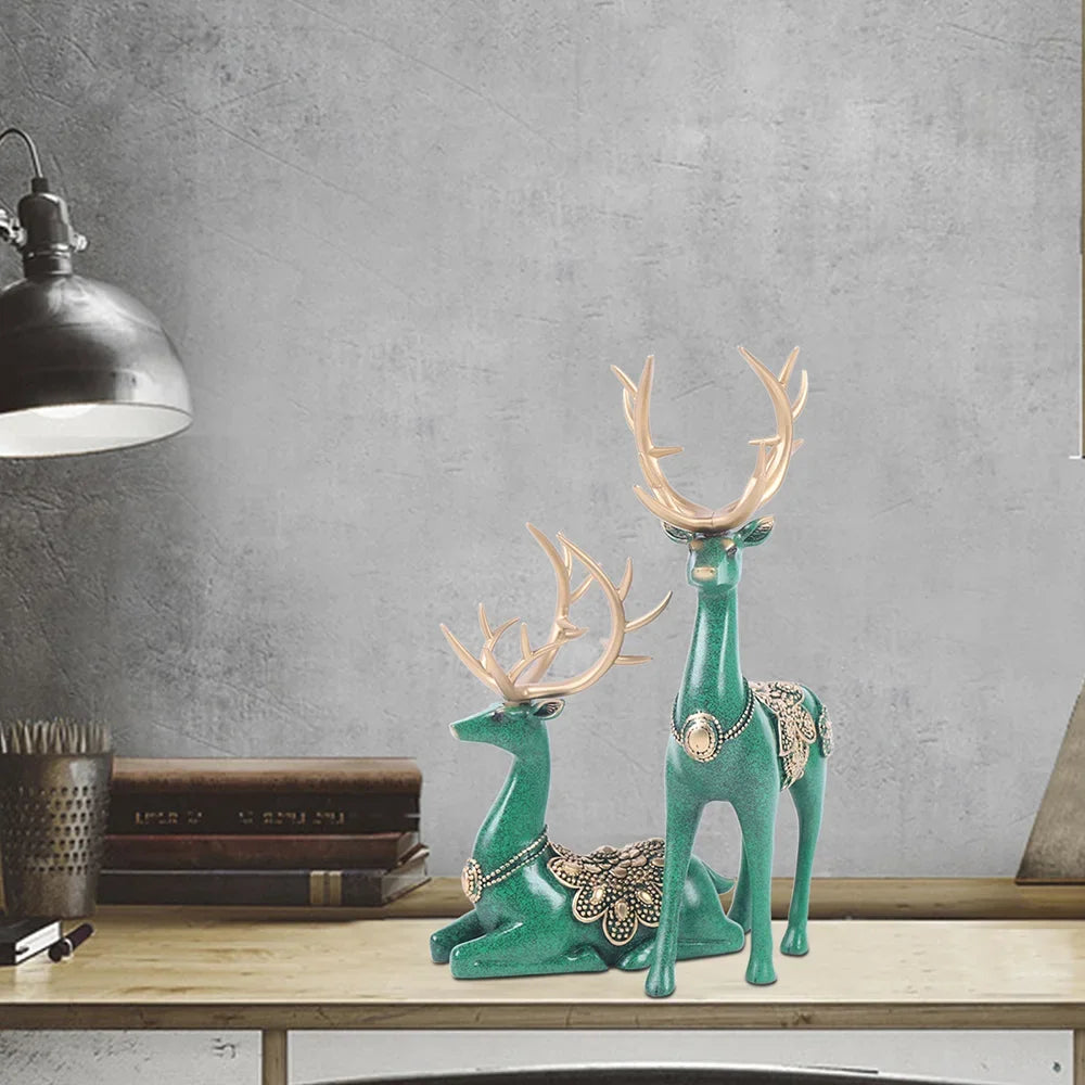 Resin Deer Statue Figurine Blue/Green Reindeer Sculpture Home Office Decor Gift