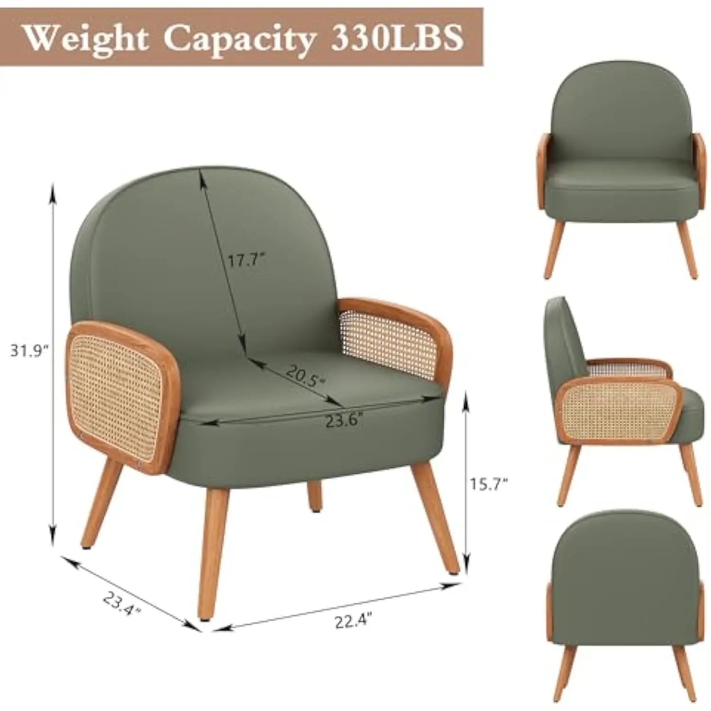 Mid Century Modern Accent Chair Armchair with Rattan Arms Upholstered Rattan Boho Accent Chair for Living Room Bedroom Balcony