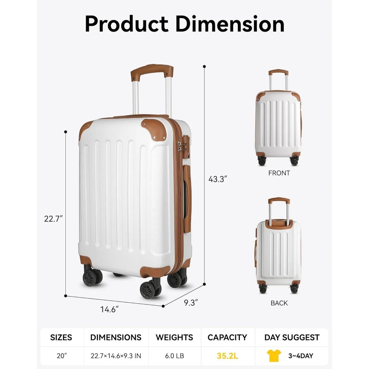 LUGGEX Carry On Luggage for Airplanes, Travel Suitcases with Wheels (White, 20-Inch)