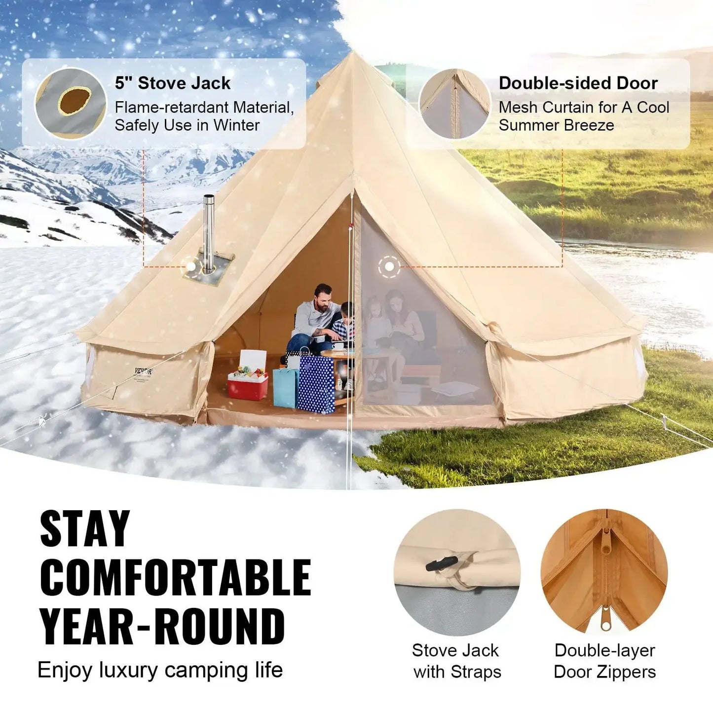 8-10 Person Canvas Glamping Bell Tent, Breathable Waterproof Yurt Tent with Stove Jack and Detachable Side Wall