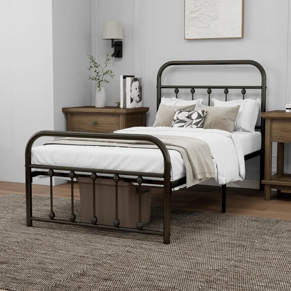 Sturdy Metal  Bed Frame with Headboard Footboard Steel Slats Support No Box Spring Needed Black