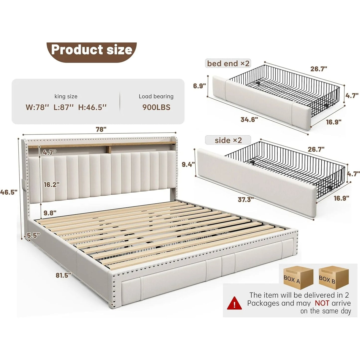 King Size Bed Frame with 4 Storage Drawers, Upholstered King Bed Frame and headboard with 2-Tier Shelves,Beige