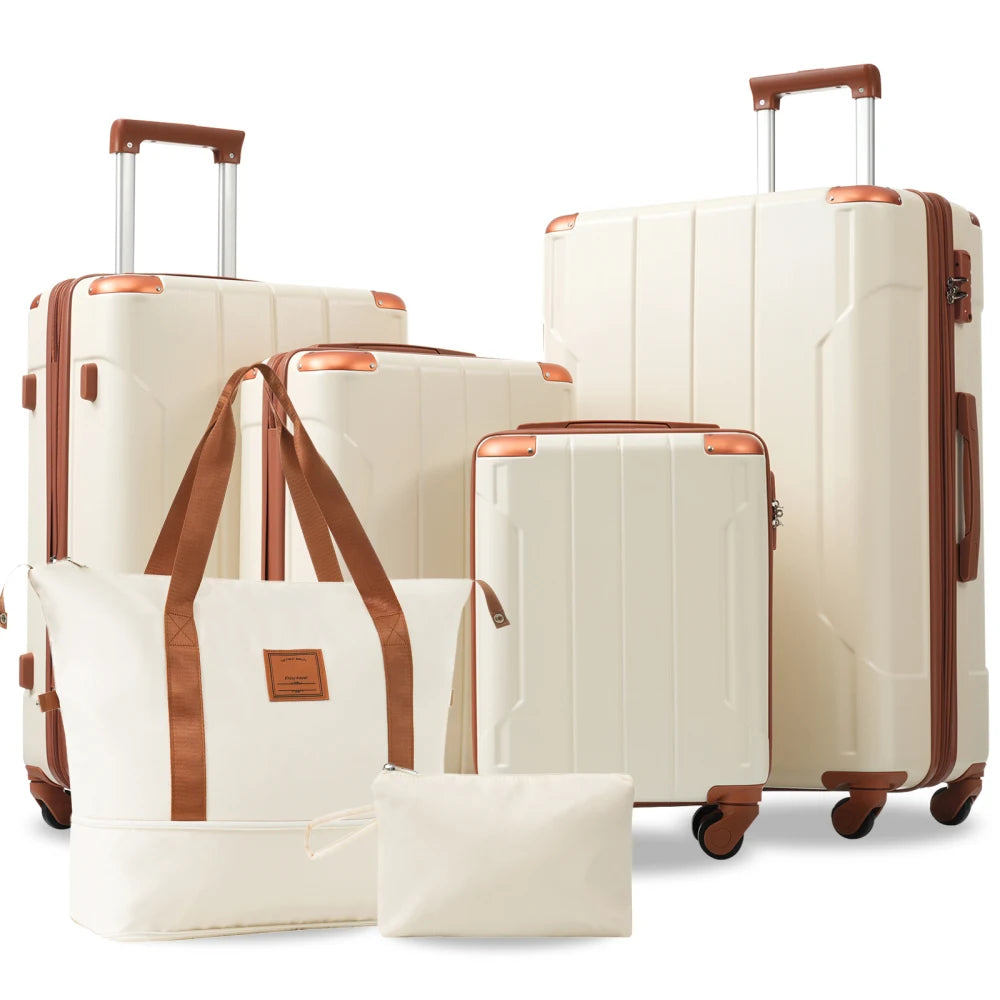 Hardshell Luggage Sets 6 Piece Suitcase Set Expandable Lightweight Suitcases with Wheels TSA Lock for Men Women White Brown