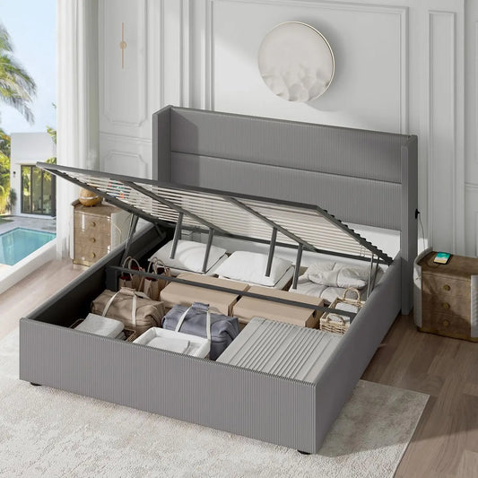 Lift up Storage Bed Queen with 2 Charging Stations Underneath Corduroy Upholstered Wingback Headboard Hydraulic Bed Frame
