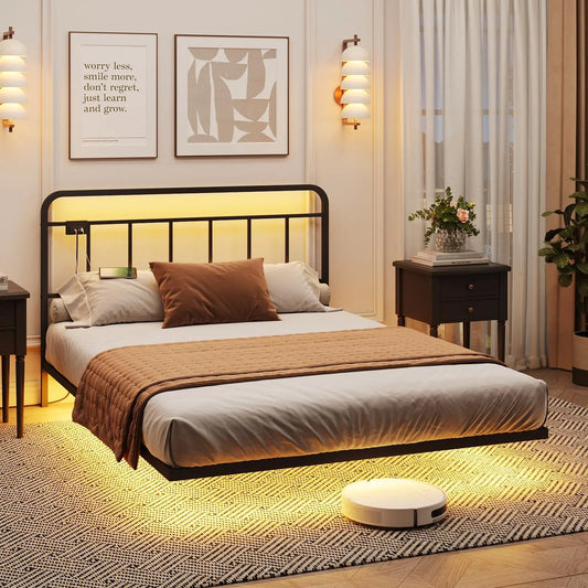 Vabches Floating Queen Size Bed Frame with LED Lights&Power Outlet Metal Platform Bed Frame with Headboard No Box Spring Needed